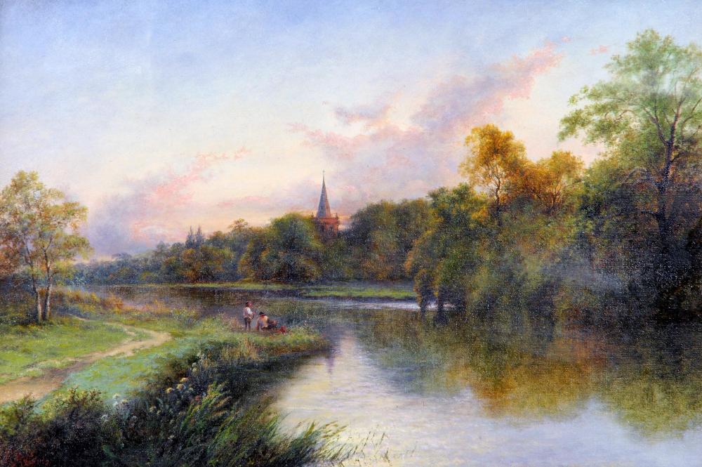 Appraisal: HENRY RYLANDS - Riverscene with Fisherman Church Spire in the