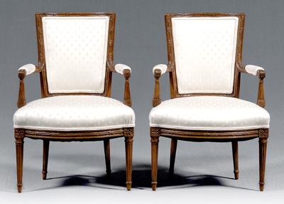 Appraisal: Pair Louis XVI style fauteuil each with carved moldings and