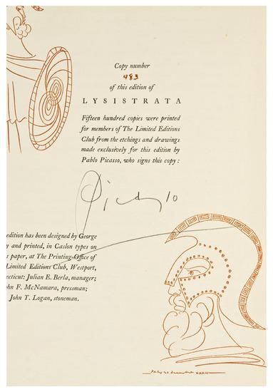 Appraisal: LIMITED EDITIONS CLUB -- Pablo PICASSO illustrator and ARISTOPHANES Lysistrata