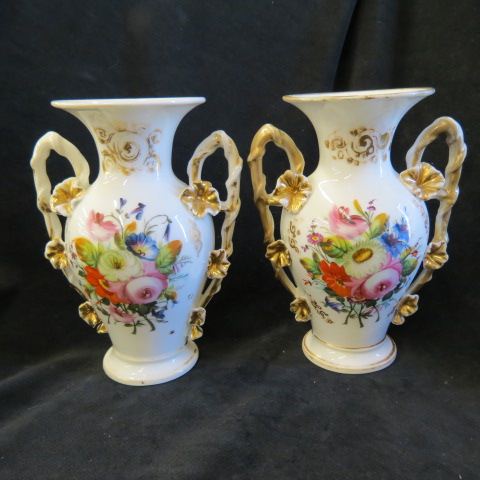 Appraisal: Pair of Old Paris Porcelain Vases handpainted florals fancy handles