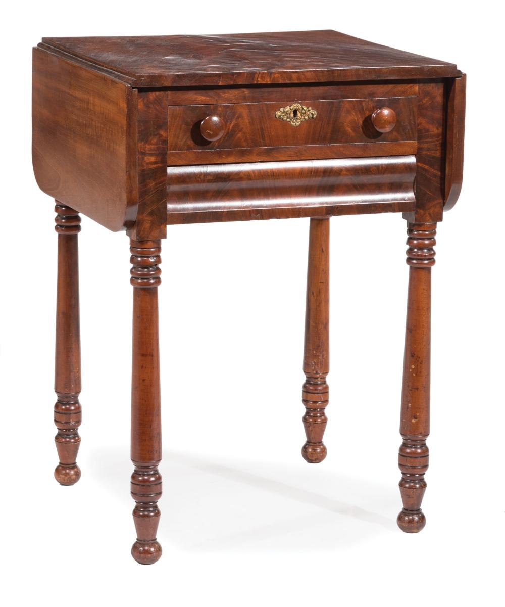 Appraisal: Southern Figured Mahogany Drop-Leaf Work Table mid- th c long