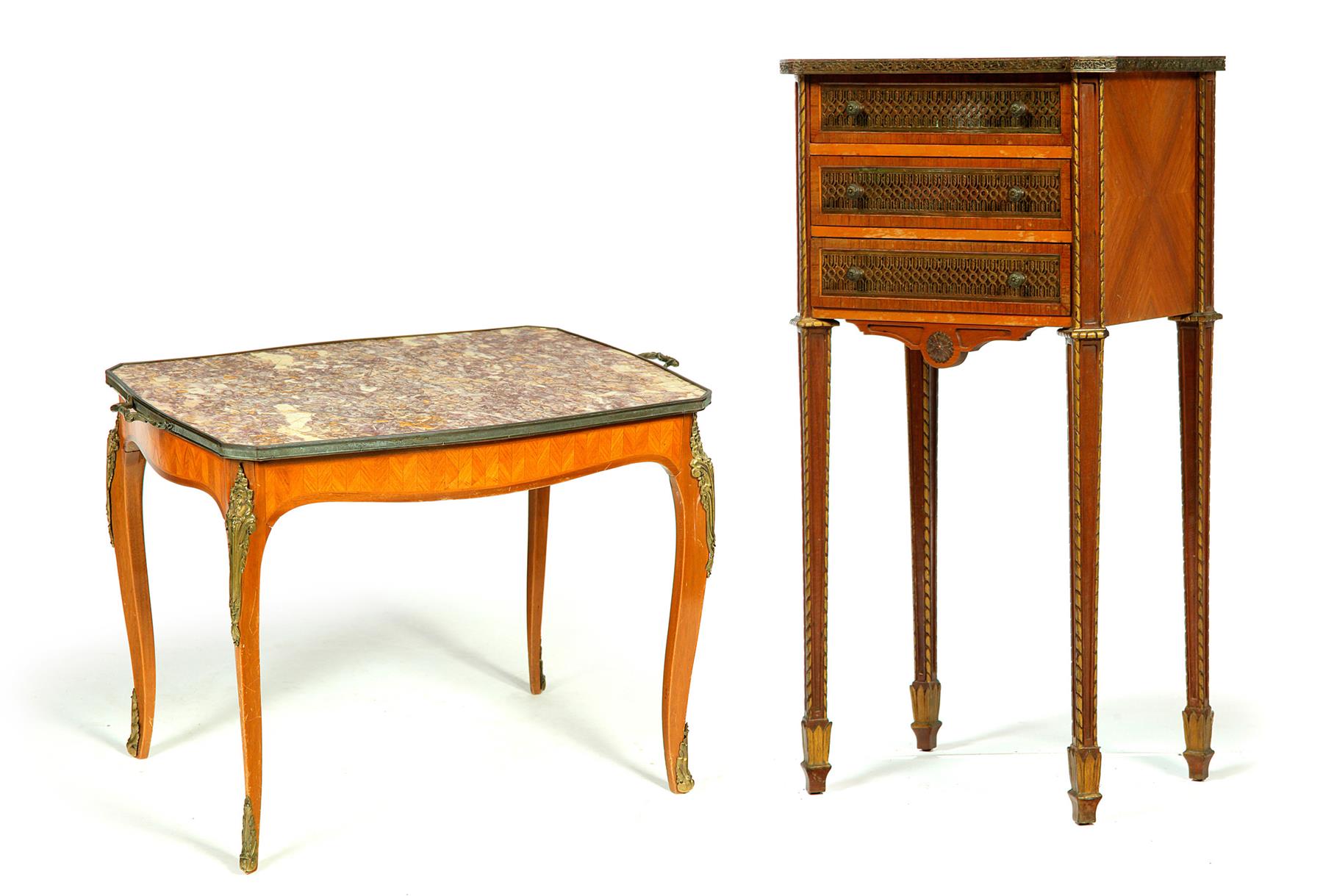 Appraisal: TWO FRENCH-STYLE STANDS European early th century mixed woods Parquetry