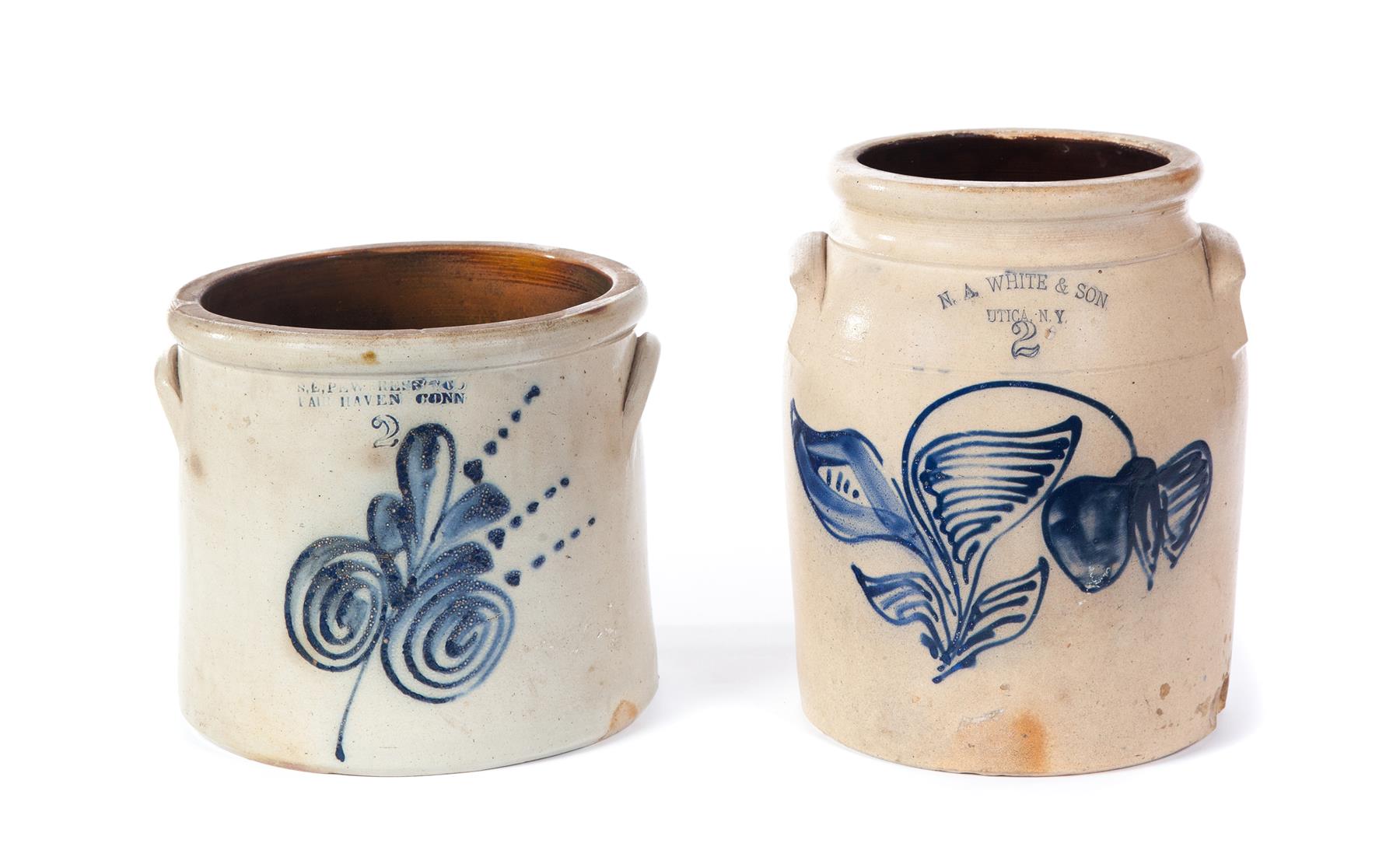 Appraisal: TWO HANDLED STONEWARE JARS WITH IMPRESSED MARKS AND COBALT FREEHAND