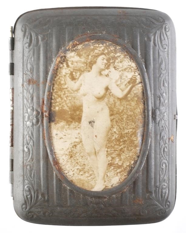 Appraisal: Tin novelty case with photo of nude woman who sadly