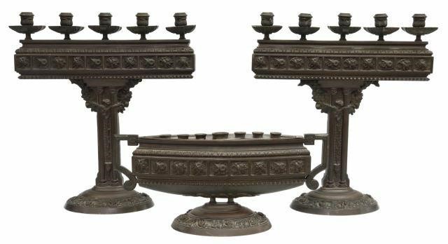 Appraisal: lot of Patinated bronze candelabra comprising single sided t-form fitted