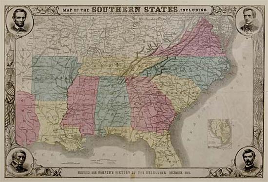 Appraisal: Civil War map of the Southern states dated MAP OF