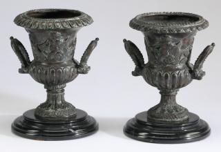 Appraisal: Diminutive bronze urns w marble bases Pair of diminutive bronze