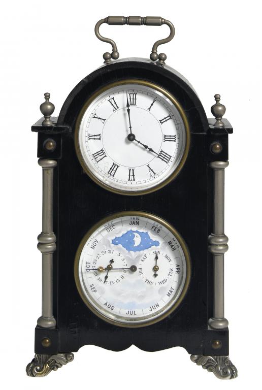 Appraisal: A FRENCH EBONISED TIMEPIECE-WITH-CALENDAR the enamel dial with roman chapters