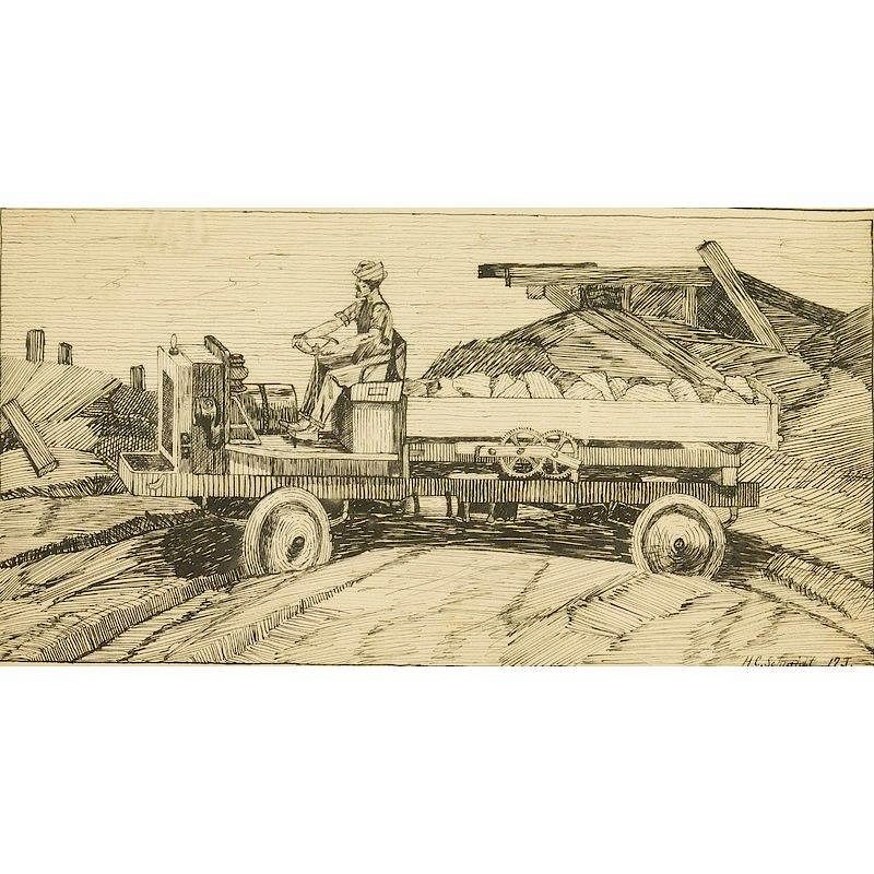 Appraisal: Drawing Framed drawing on cardstock of a rock hawling truck