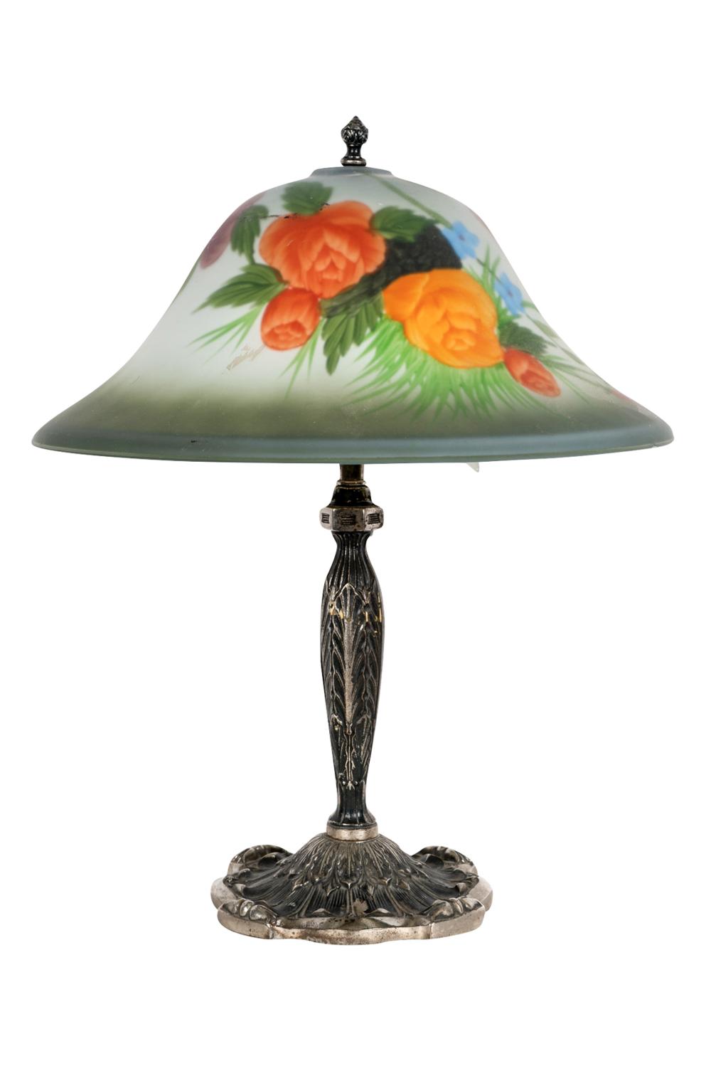 Appraisal: REVERSE PAINTED BIRD TABLE LAMPreverse painted glass shade with a