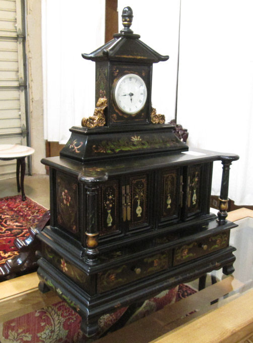 Appraisal: BLACK LACQUER DRESSER-TOP JEWELRY BOX CLOCK Chinese th century the