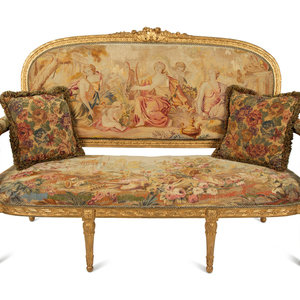 Appraisal: A Louis XVI Style Giltwood Settee with Tapestry Upholstery TH