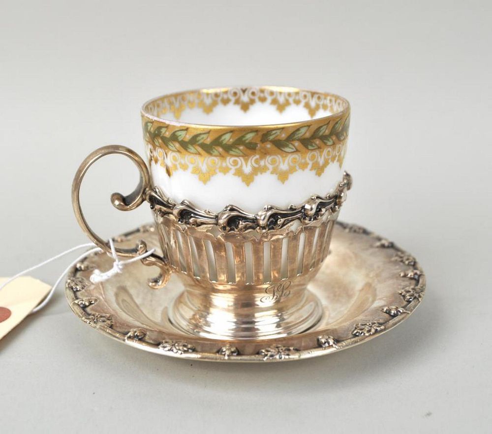 Appraisal: Sterling Silver Demitasse Cup Saucer with Limoges insert monogrammed Cup