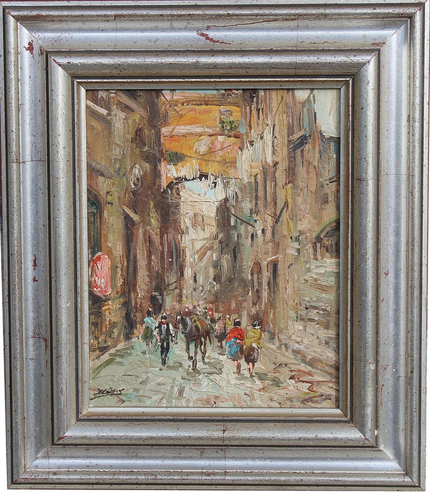 Appraisal: Signed th C Painting of Figures in Street Signed th