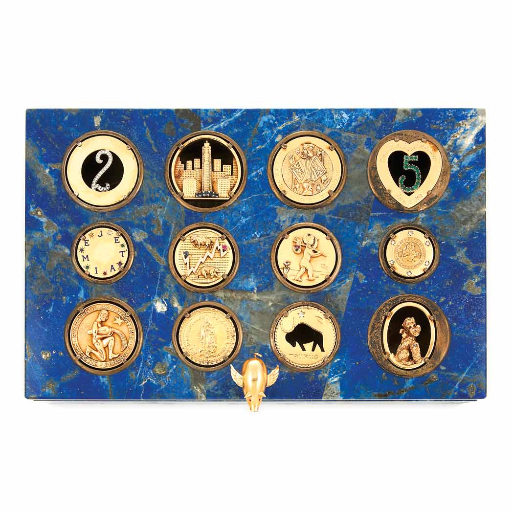 Appraisal: Lapis Lazuli Veneer Box on Agate with Twelve Gold Assorted