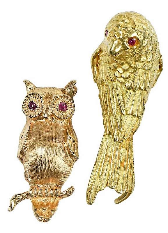 Appraisal: Two Gold Bird Brooches owl two round faceted rubies approx