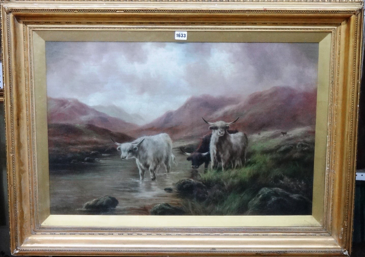 Appraisal: Frank Bennett th century Highland Cattle Watering oil on canvas