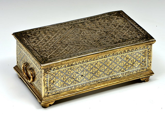 Appraisal: AN INDIAN SILVER GILT AND DAMASCENE RECTANGULAR PEN BOX with