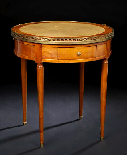 Appraisal: Attractive French Gilt-Brass-Mounted Fruitwood and Marble-Top Bouillotte Table with a