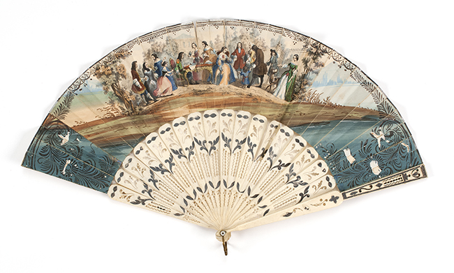 Appraisal: PAPER AND BONE FOLDING FAN Circa Double-sided leaf lithographed on