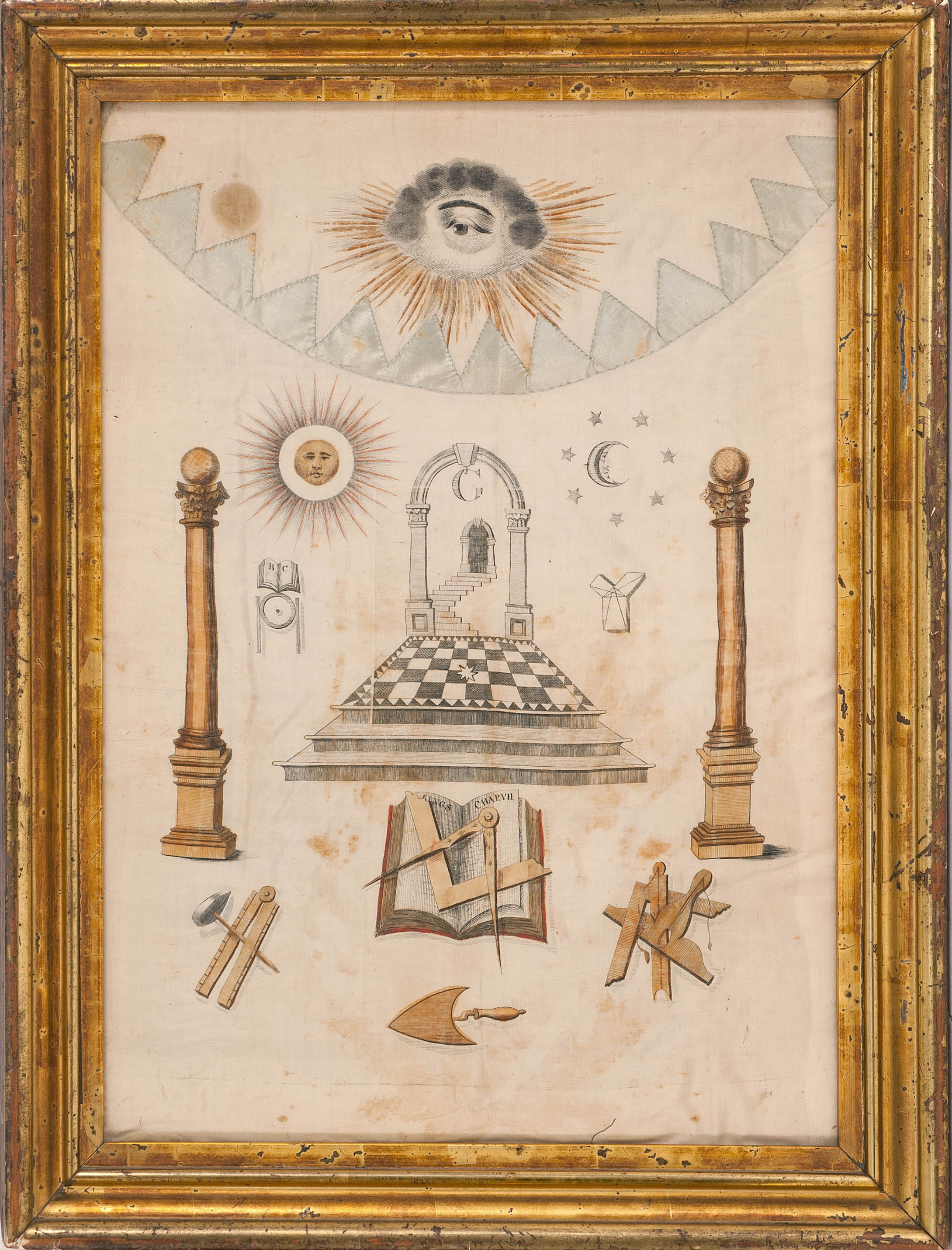 Appraisal: FRAMED MASONIC APRON Appears to be single-piece construction of white