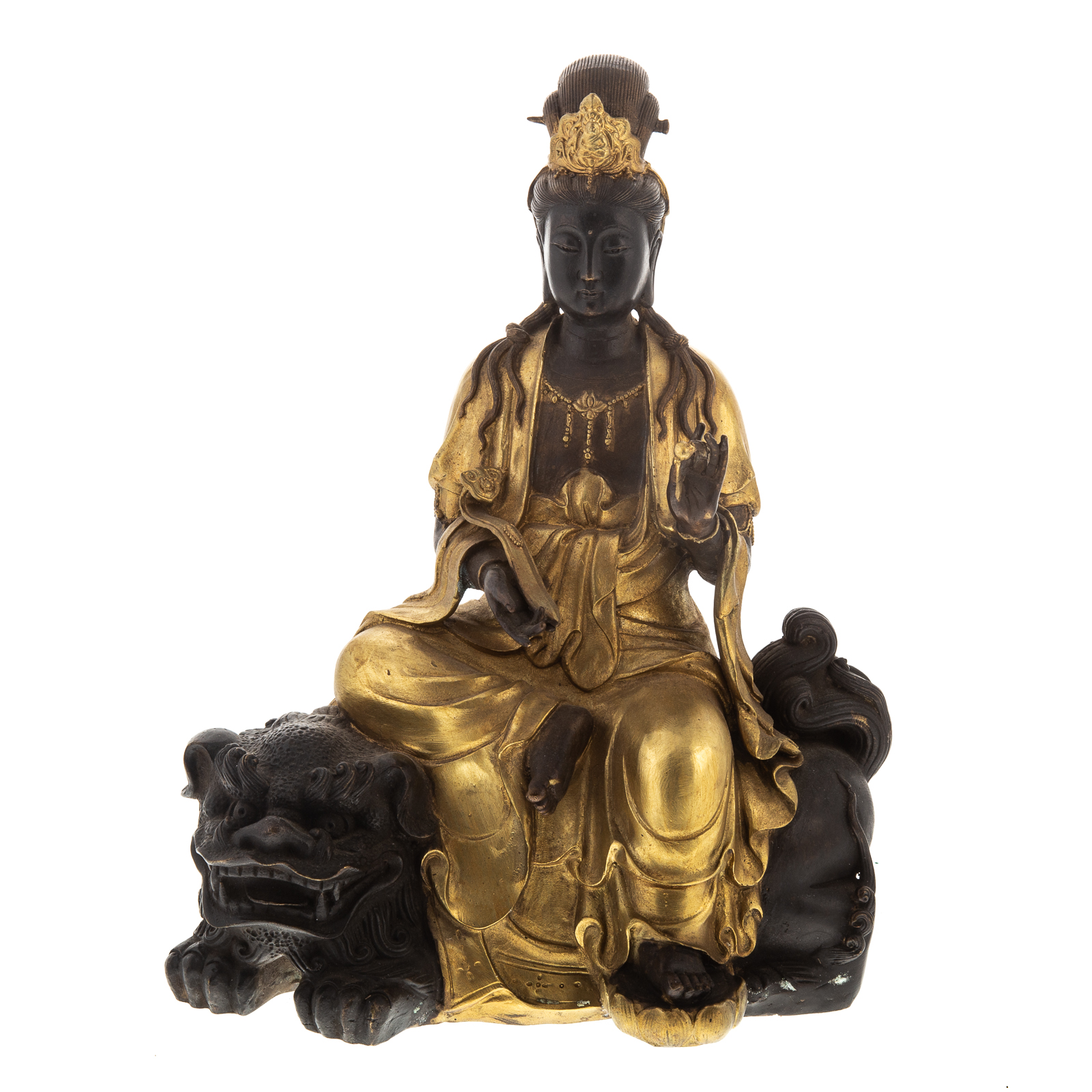 Appraisal: CHINESE BRONZE GILT BRONZE QUAN YIN Goddess seated on foo