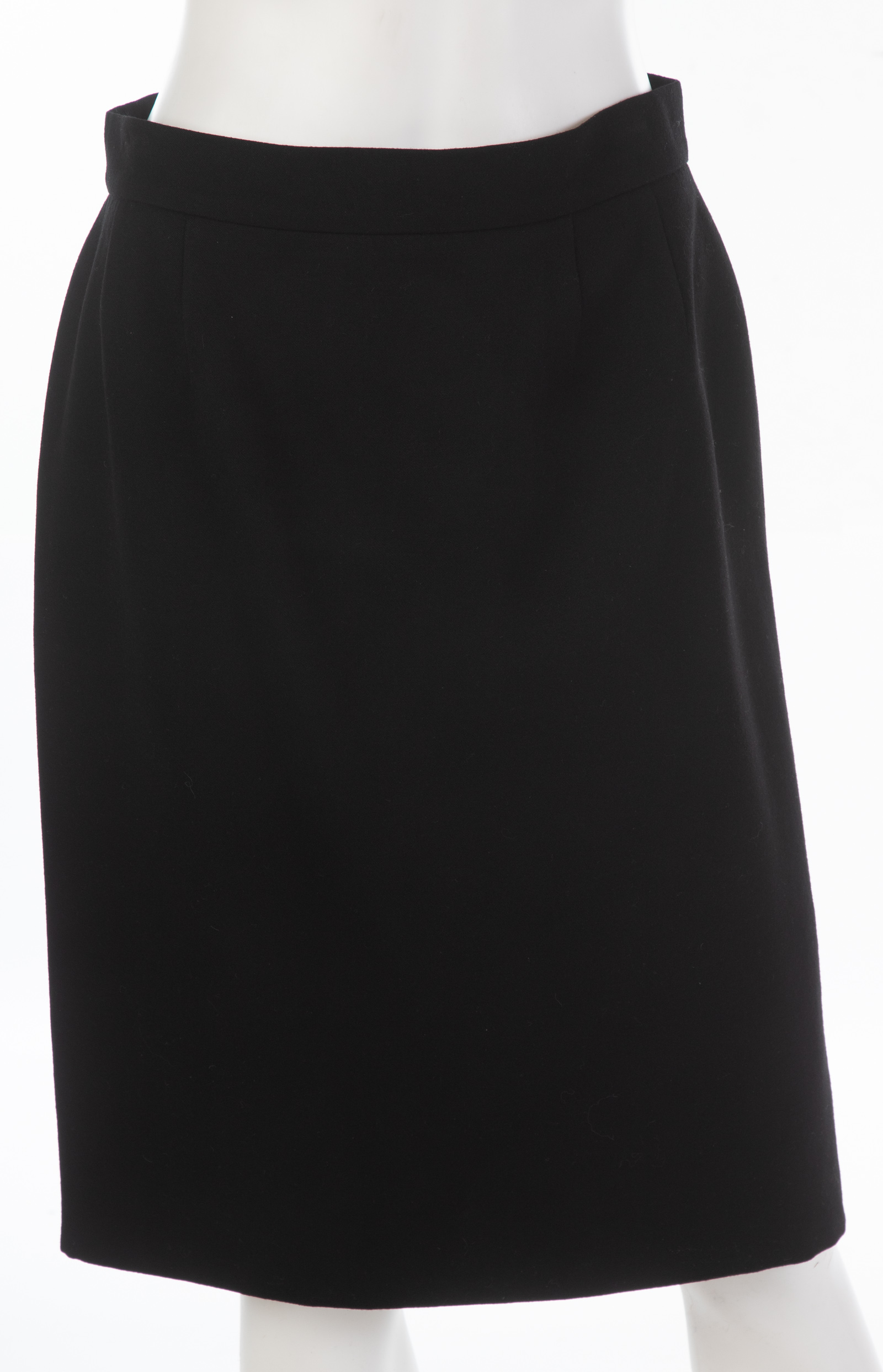 Appraisal: CHANEL BOUTIQUE BLACK WOOL SKIRT Featuring Chanel logo buttons at