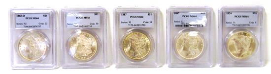 Appraisal: COINS Five PCGS graded silver dollars contained in hard plastic