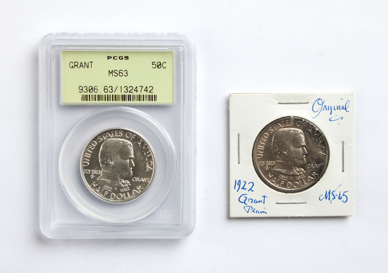 Appraisal: Two U S Grant commemorative silver half dollars MS- one