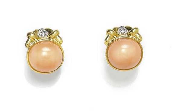 Appraisal: CORAL AND BRILLIANT-CUT DIAMOND CLIP EARRINGS Yellow gold Decorative clip