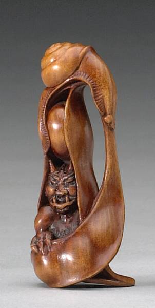 Appraisal: A stained boxwood netsuke th Century by David Carlin Carved