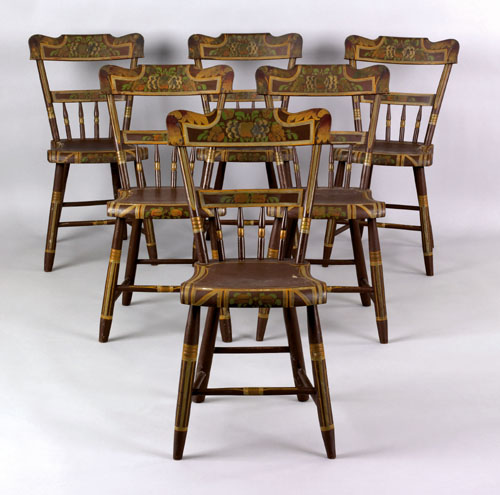 Appraisal: Set of Pennsylvania painted plank seat chairs th c retaining