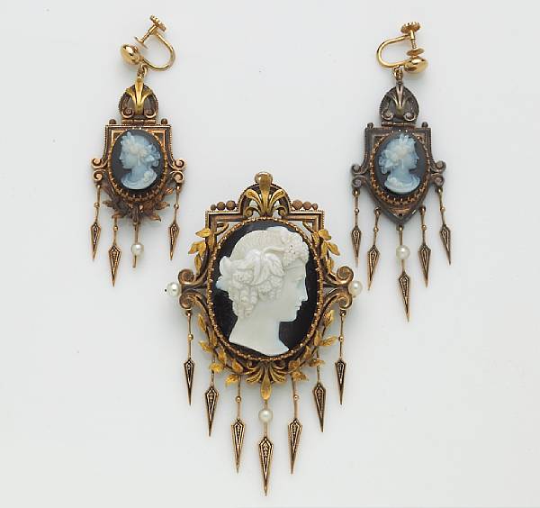 Appraisal: A set of hardstone cameo enamel and pearl jewelry comprising