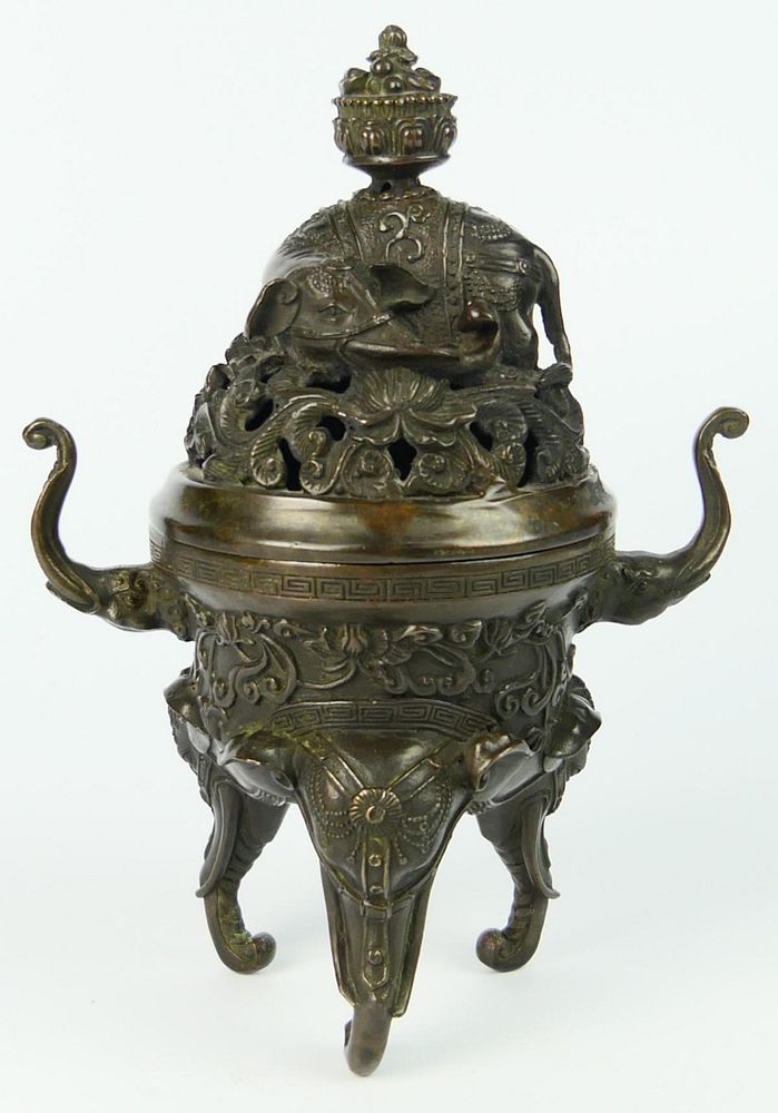 Appraisal: CHINESE BRONZE ELEPHANTS TRIPOD COVERED CENSER Chinese bronze incense burner