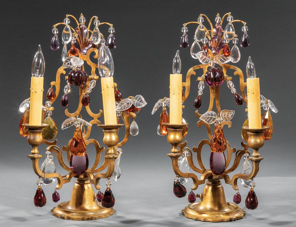 Appraisal: Pair of Louis XV-Style Brass Two-Light Girandoles hung with amethyst