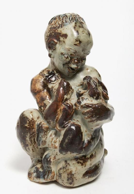 Appraisal: Royal Copenhagen Stoneware Figure Girl w Cub Knud Kyhn -