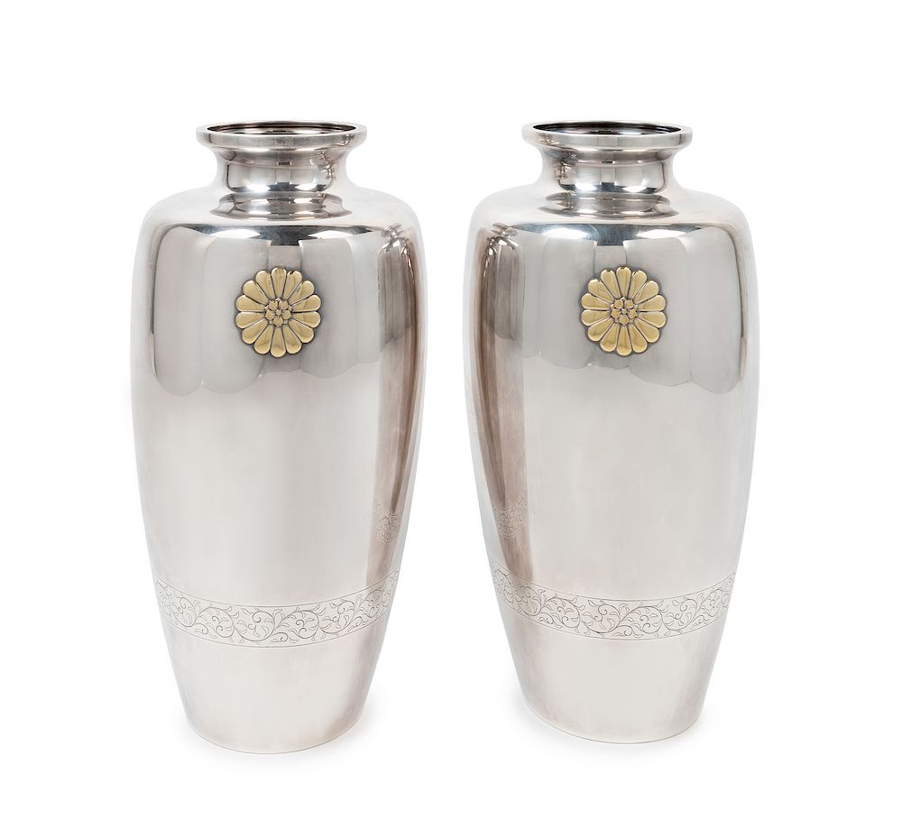 Appraisal: A Pair of Japaneses Sterling Vases Each height in cm