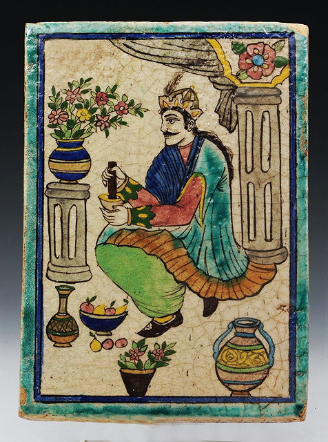 Appraisal: A LARGE QAJAR POLYCHROME TILE with figure grinding spices within