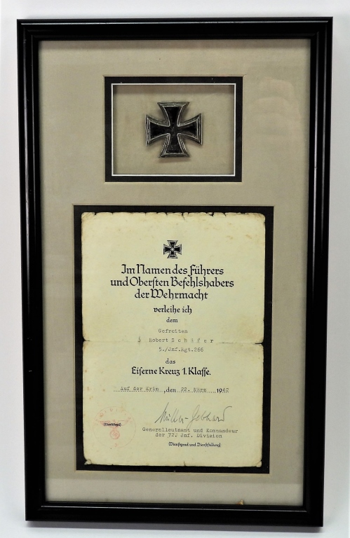 Appraisal: WWII GERMAN IRON CROSS WITH CERTIFICATE Germany An iron cross