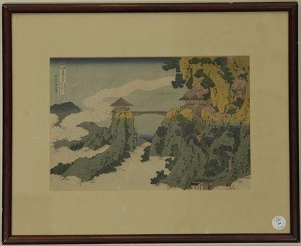 Appraisal: Japanese Woodblock Print of Landscape with Bridge in x in