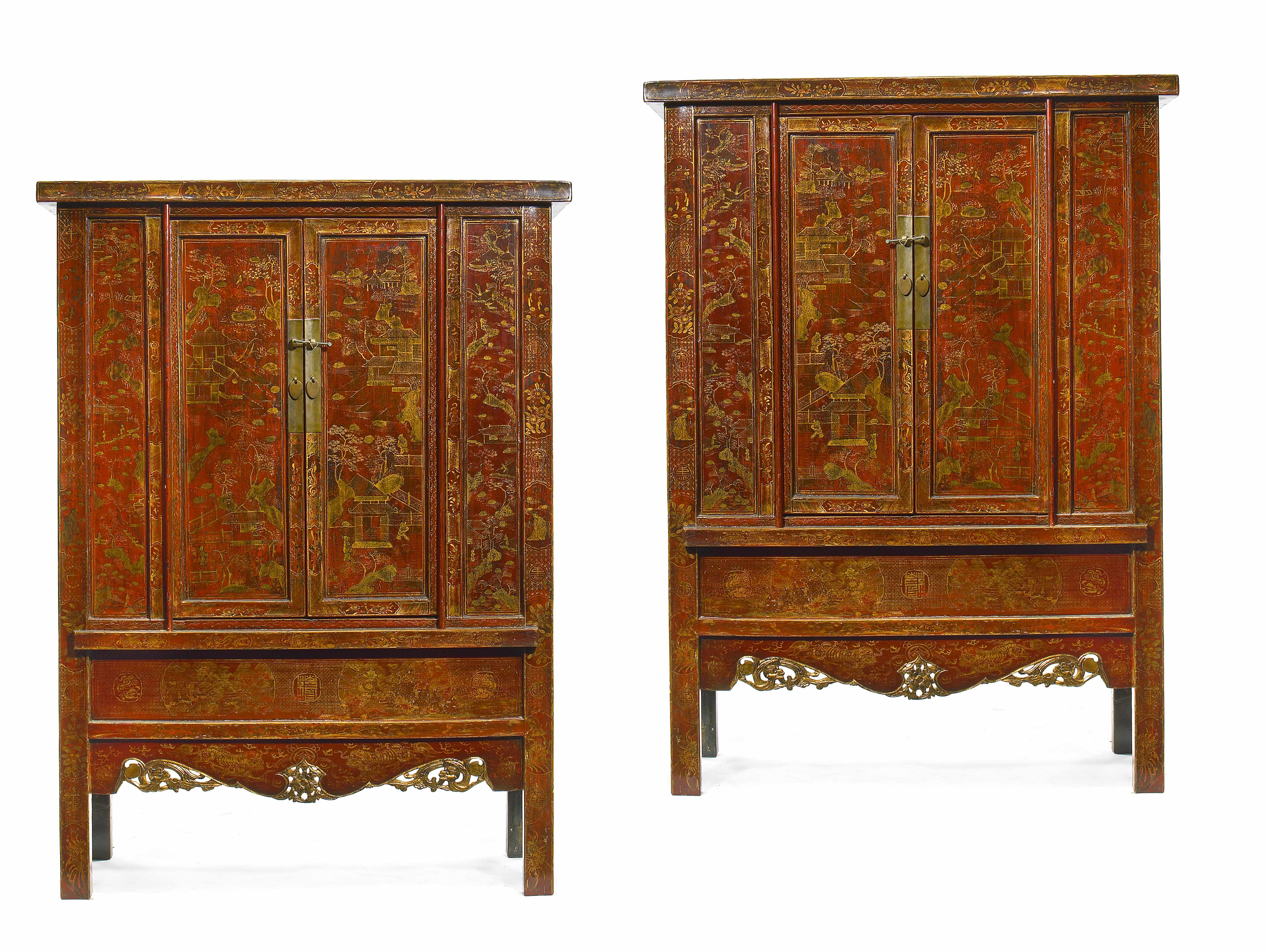 Appraisal: A pair of Chinese red lacquered double door cupboards height