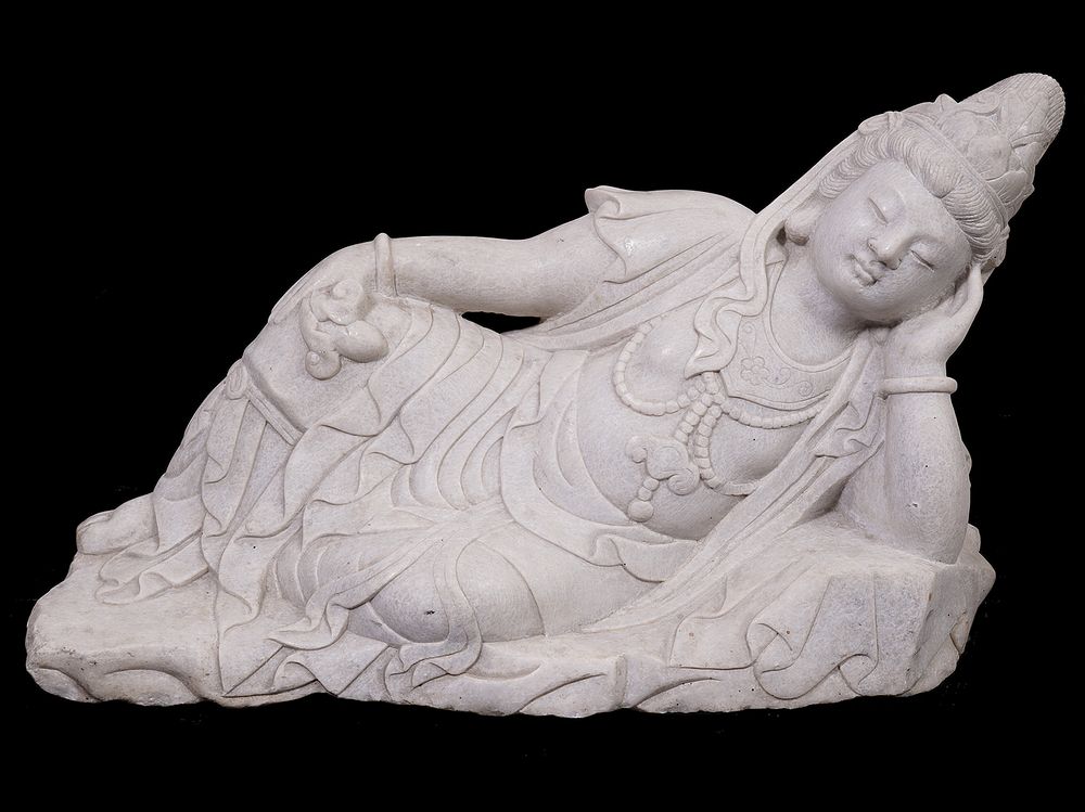 Appraisal: Chinese Guanyin Carved Marble Reclining Figure Chinese Guanyin carved marble