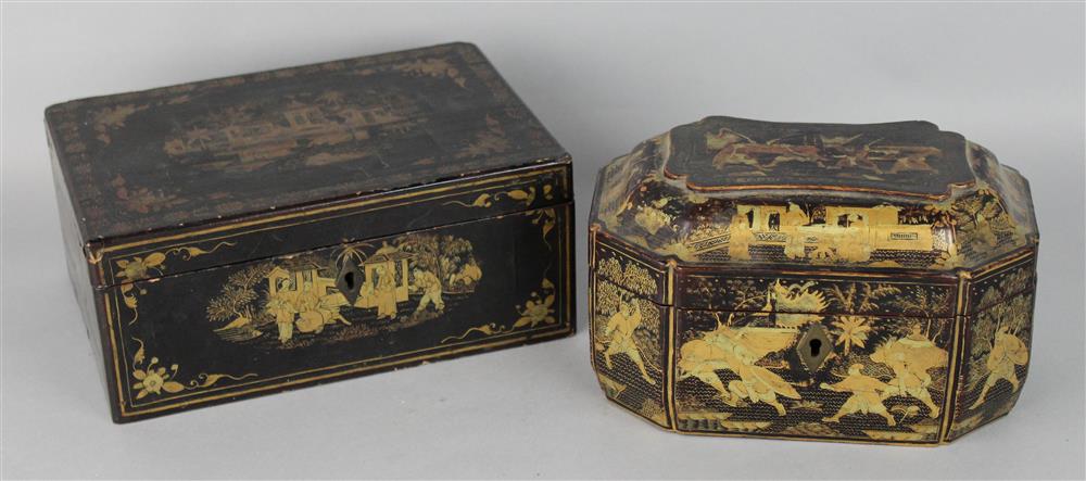 Appraisal: CHINESE EXPORT BLACK AND GOLD LACQUER TEA CADDY MID TH