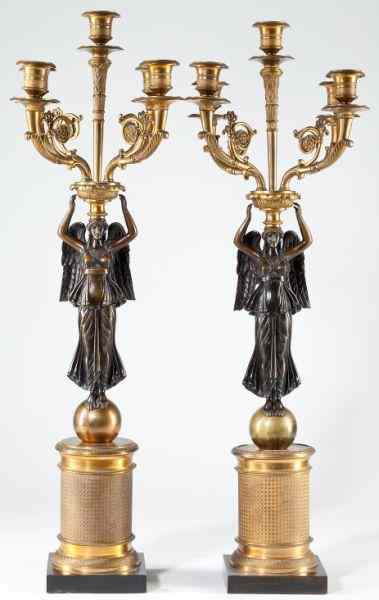 Appraisal: Pair of Empire Style Bronze Figural Candelabrapatinated and gilt bronze