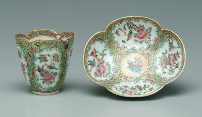 Appraisal: Chinese famille rose cup and saucer quatrefoil form rose medallion