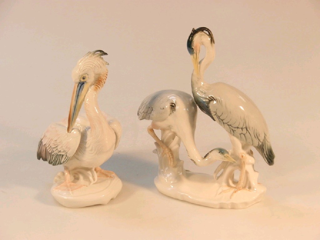 Appraisal: A German porcelain pelican with lightly tinted body on a