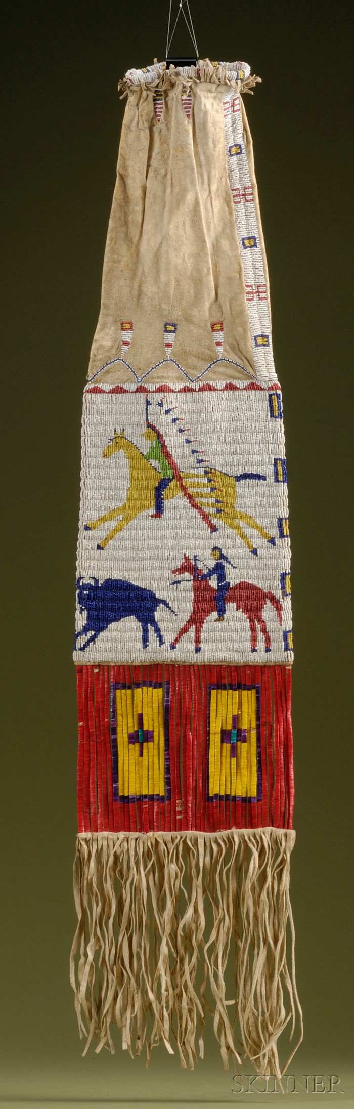 Appraisal: Central Plains Pictorial Beaded and Quilled Hide Pipebag Lakota c