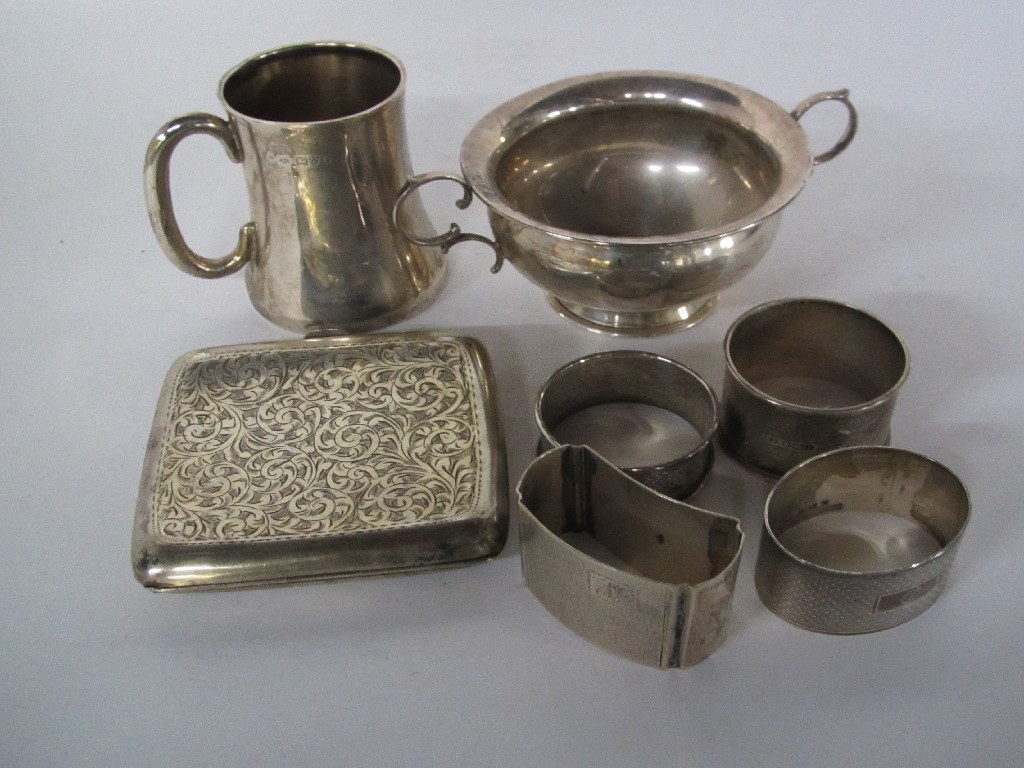 Appraisal: Lot comprising silver cigarette case bowl mug and four silver