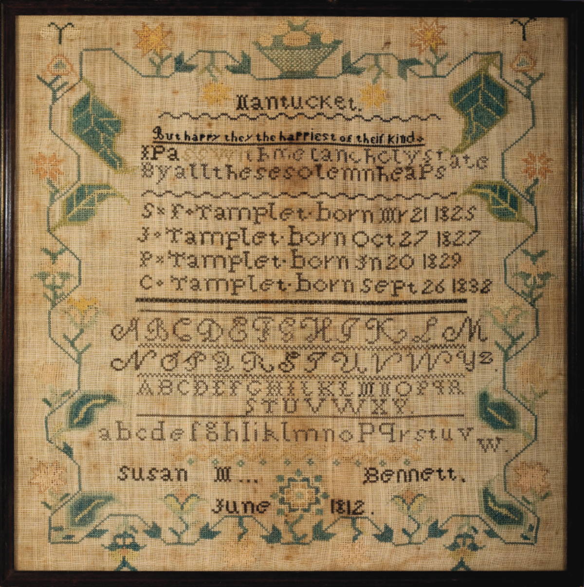 Appraisal: NANTUCKET NEEDLEWORK SAMPLER AND FAMILY REGISTER EXECUTED BY SUSAN M