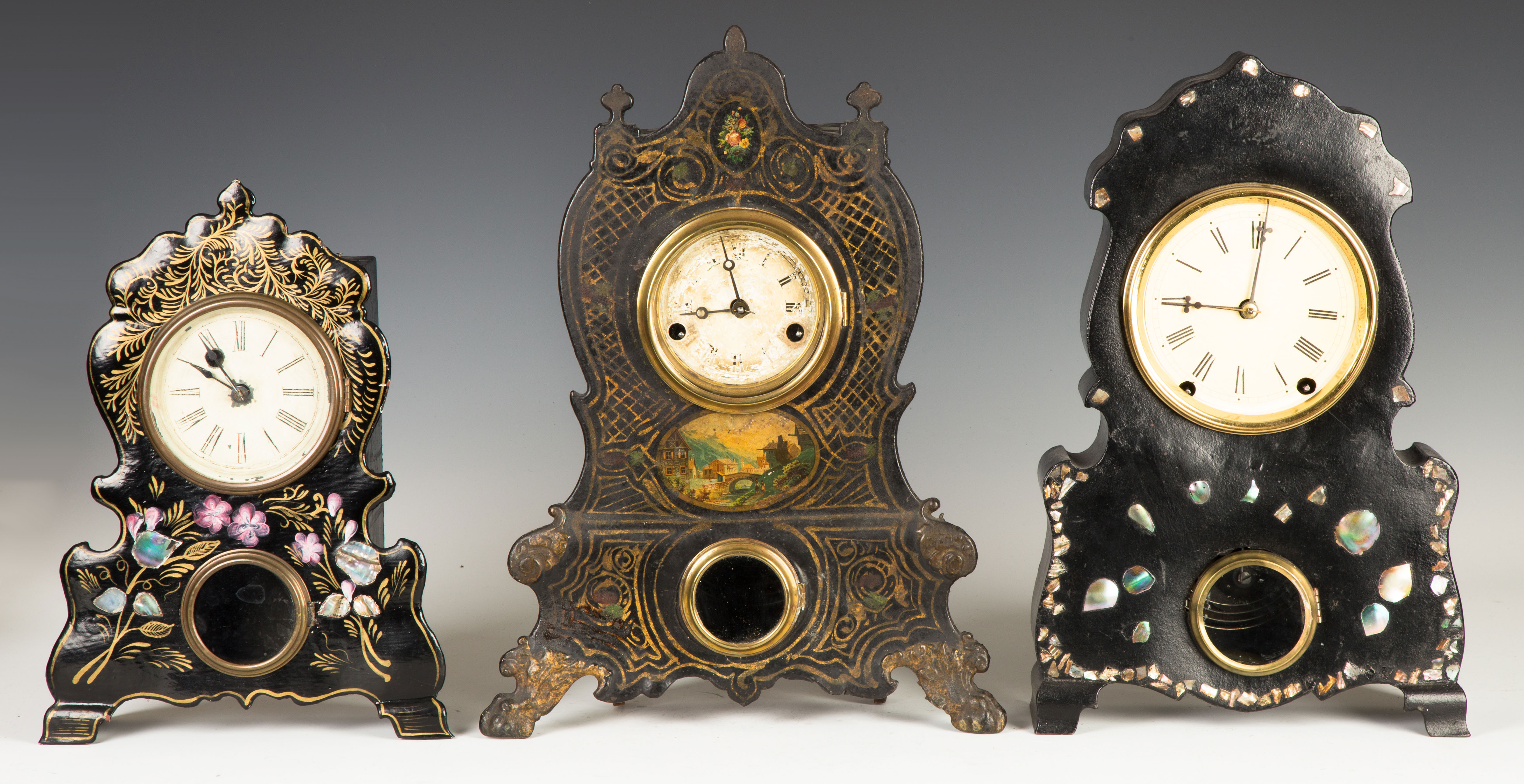 Appraisal: Three Iron Front Shelf Clocks L Repainted Time only movement